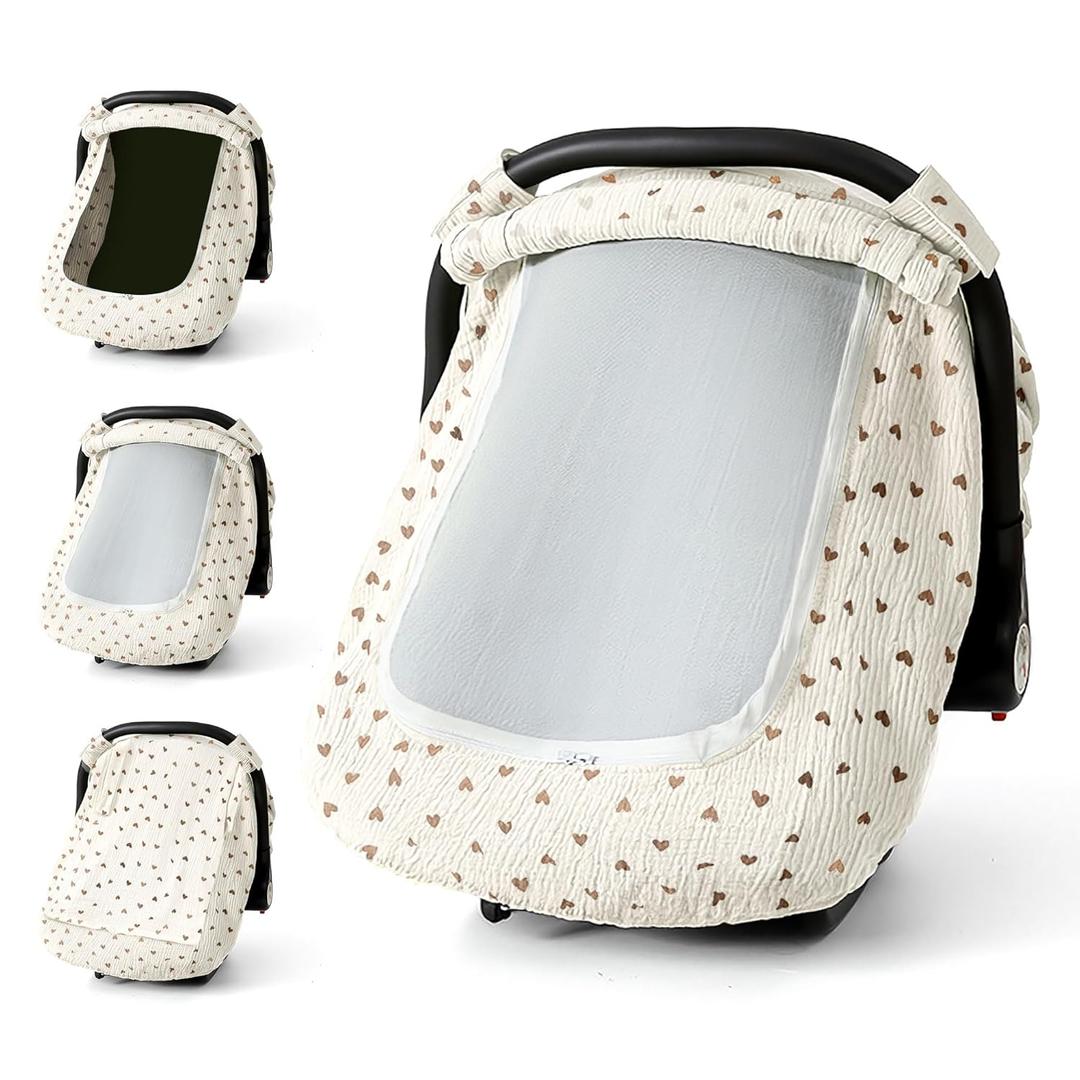 Muslin Cotton Car Seat Cover Baby, Universal Fit Carseat Cover for Baby, Infant Car Seat Cover with Mesh Peep Window, Baby Car Seat Cover for Carrier, Stroller, High Chair, Shopping Cart (Heart)