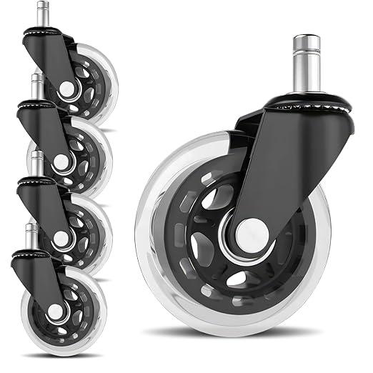 5 Pcs Silent Office Chair PU Rubber Castor with Smooth Rolling, Home Heavy Duty Replacement Casters Set, 11x22mm Furniture and Gaming Chair Wheels for Hardwood Floors, Carpet, Tile, Laminate, Parquet