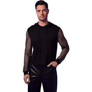 WDIRARA Men's Fishnet Mesh Long Sleeve Drawstring Crop Hoodie Sweatshirt Pullover Small