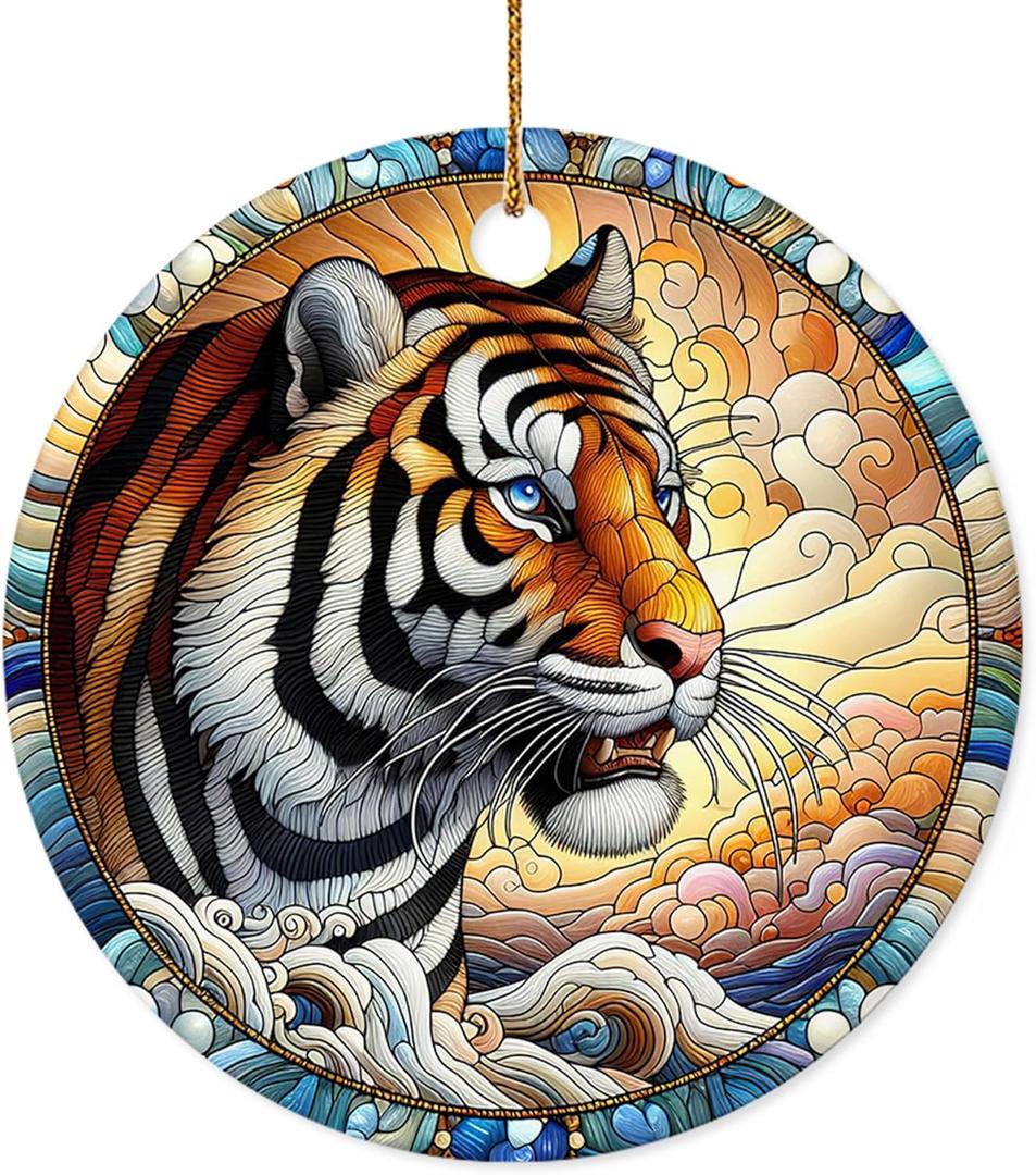 Christmas Ornament - Tiger Ceramic Ornament, Wildlife Art for Animal Lovers & Christmas Tree Dcor, Car Hanging Decoration Ornament, Wine Bottle Decor