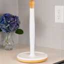 DAILY RITMO White Countertop Papertowel Holder | Aesthetic Resin Marble & Ceramic Like with Modern Bamboo Wooden Weighted Base & Wood Top