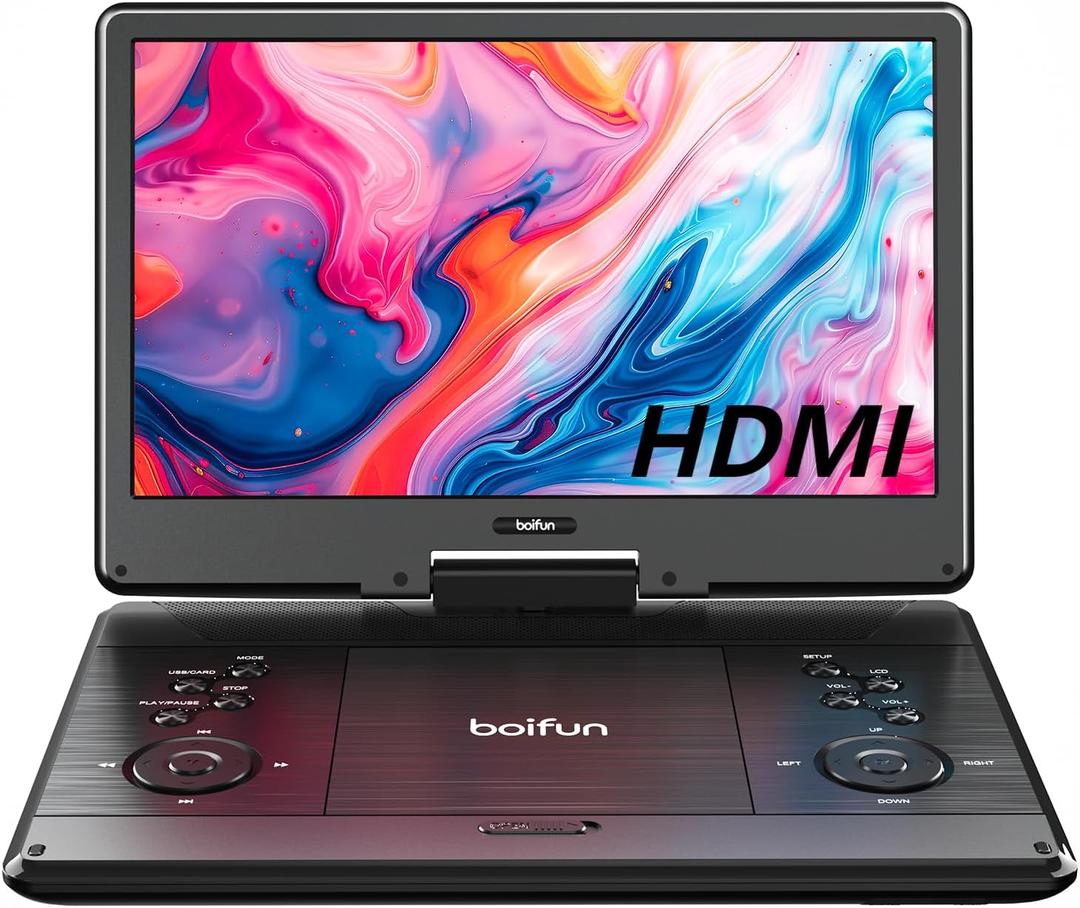 Boifun 15.7" Portable DVD Player with 14.1" Large Screen Support, HDMI Input, 5 Hrs Rechargeable Battery, Sync TV/Projector, USB/SD, Region Free, Dual Speaker, Multiple Disc Formats, Black
