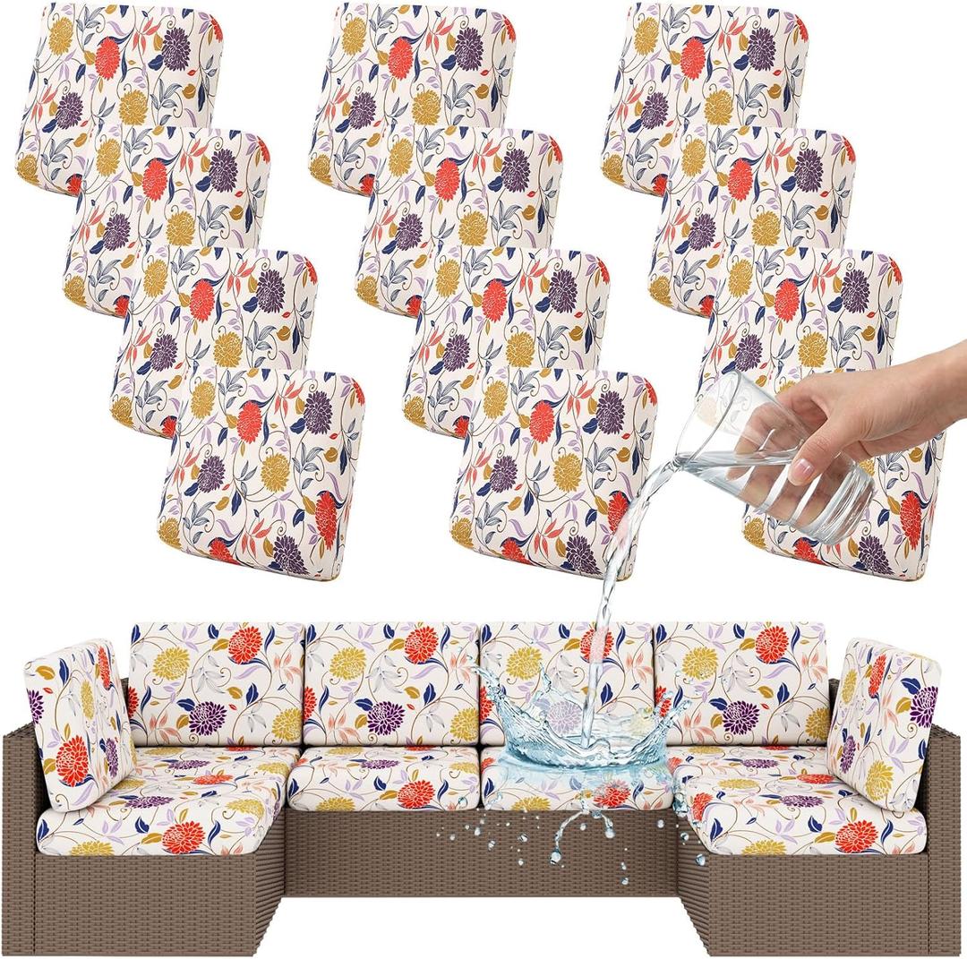 Smiry Waterproof Patio Cushion Covers, Stretch Outdoor Couch Slipcovers Replacement Washable Furniture Protector Sofa Chair Seat Cover for Dogs and Pets (12 Pcs, Orange)