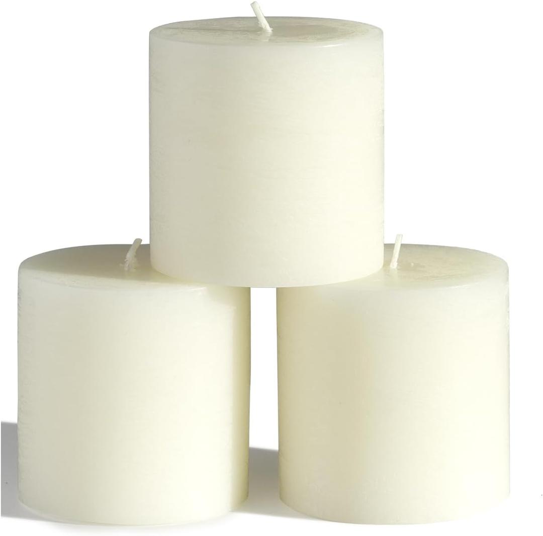 CANDWAX 3x3 Pillar Candles Set of 3 - Rustic Unscented No Drip Ivory Candles for Home Decor, Weddings, Centerpieces