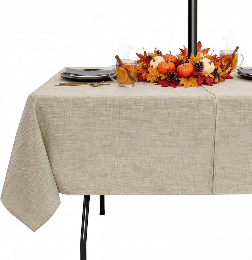 Outdoor Tablecloth with Umbrella Hole - Patio Table Cloth Zippered Rectangle 60x102 Inch, Faux Linen Table Cover Water Resistant for Picnic Outside, Natural Color