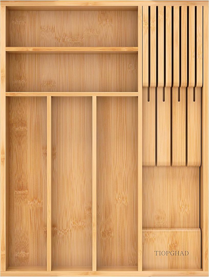 Small-Bamboo-Silverware-Drawer-Organizer, Expandable Utensil Kitchen Cutlery Tray Flatware Organization Adjustable Wood Tableware Dividers Storage (with Removable Knife Block)(Natural) (Medium)