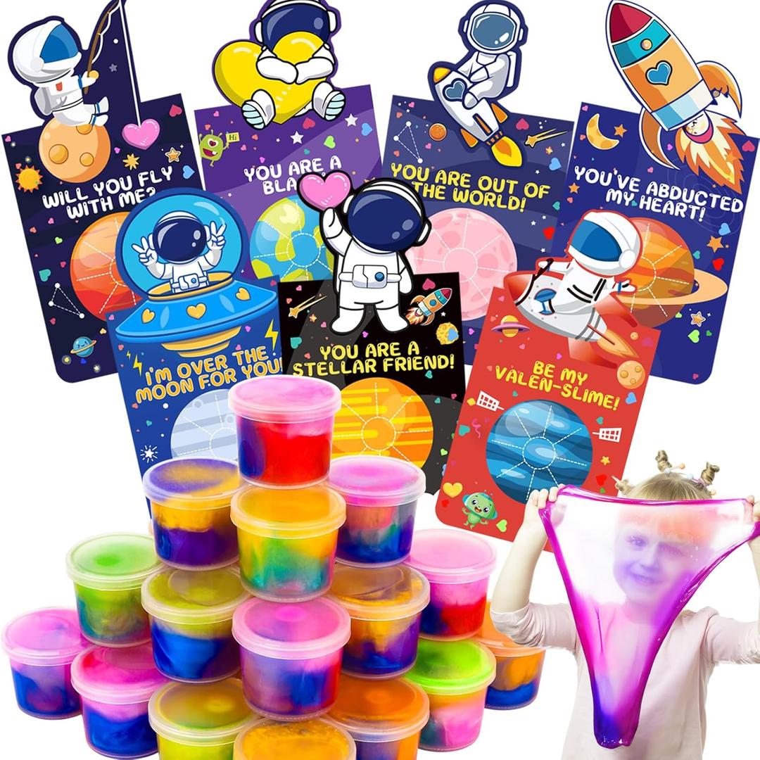 28 Pack Valentines Day Gift for Kids, Galaxy Slime Stress Relief Fidget Toy with Valentine's Day Cards, Valentines for Kids Classroom, School Valentine Party Favors