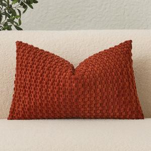 UGASA Lumbar Throw Pillow Covers Pack of 1 Super Soft Boho Corduroy Decorative Pillow Cases Solid Color Plush Texture Accent Throw Pillows for Sofa Couch Living Room Chair 12x24 Inch, Burnt Brick
