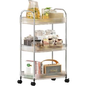 STARLATTA 3 Tier Rolling Cart with Lockable Wheels, Clear Acrylic Utility Trolley with Handle, Heavy-Duty Storage Organizer for Kitchen Bathroom Nursery Laundry - Snack Book Craft Organizer (Clear)