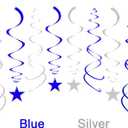 Party Star Swirl Decorations, Blue and Silver Foil Ceiling Hanging Star Swirl Decorations, Whirls Decorations for Birthday | Wedding | Anniversary | Graduation Party, Pack of 30