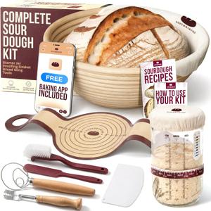 Superbaking Sourdough Starter Kit, 9" Splinter-Free Banneton Bread Proofing Basket Set with Non-Stick Silicone Dough Sling & Glass Starter Jar Kit, Sourdough Bread Baking Supplies, Sourdough Tools