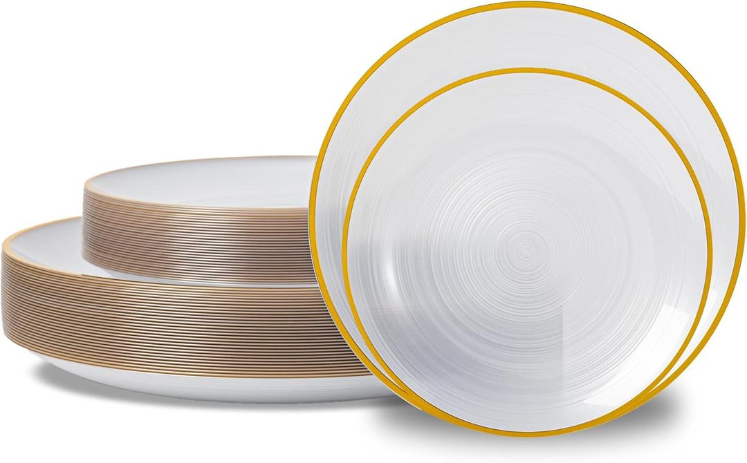 N9R 60PCS White Plastic Plates with Gold Rim, Elegant Disposable Plates, Circular Ribbed Design, 30 Dinner & 30 Dessert Plate for Parties, Weddings, Banquets, and Events (Translucent White)