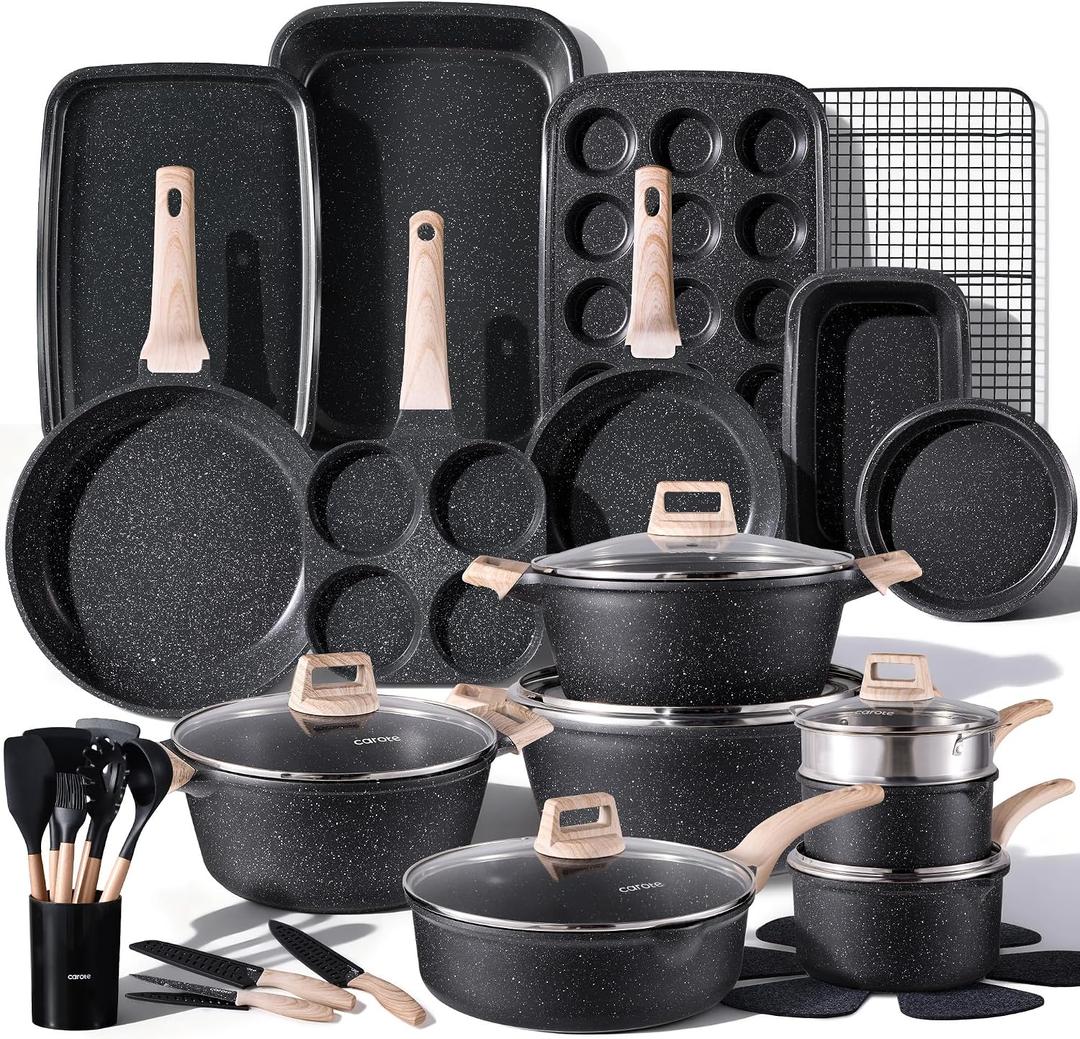 CAROTE 44pcs Pots and Pan Set Nonstick, Cookware Sets, Cooking Set Non Stick, Induction Cook Ware with Bakeware Set, Kitchen Knife Set, 44 Piece