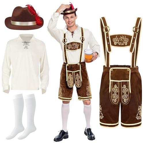 Spooktacular Creations Halloween Men Oktoberfest Costume Set, Lederhosen Men with German Bavarian Hat, Beer Costume, Adults Halloween Brown Outfit for Beer Festival Party (L)