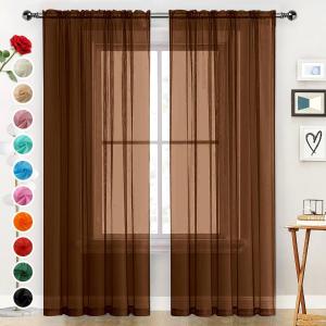 SpaceDresser Sheer Voile Window Treatment Rod Pocket Curtain Panels for Kitchen Bedroom Living Room Drapes Sunlight Filtering Privacy Semi Home Decor Assorted (Brown, 52 W x 45 L)