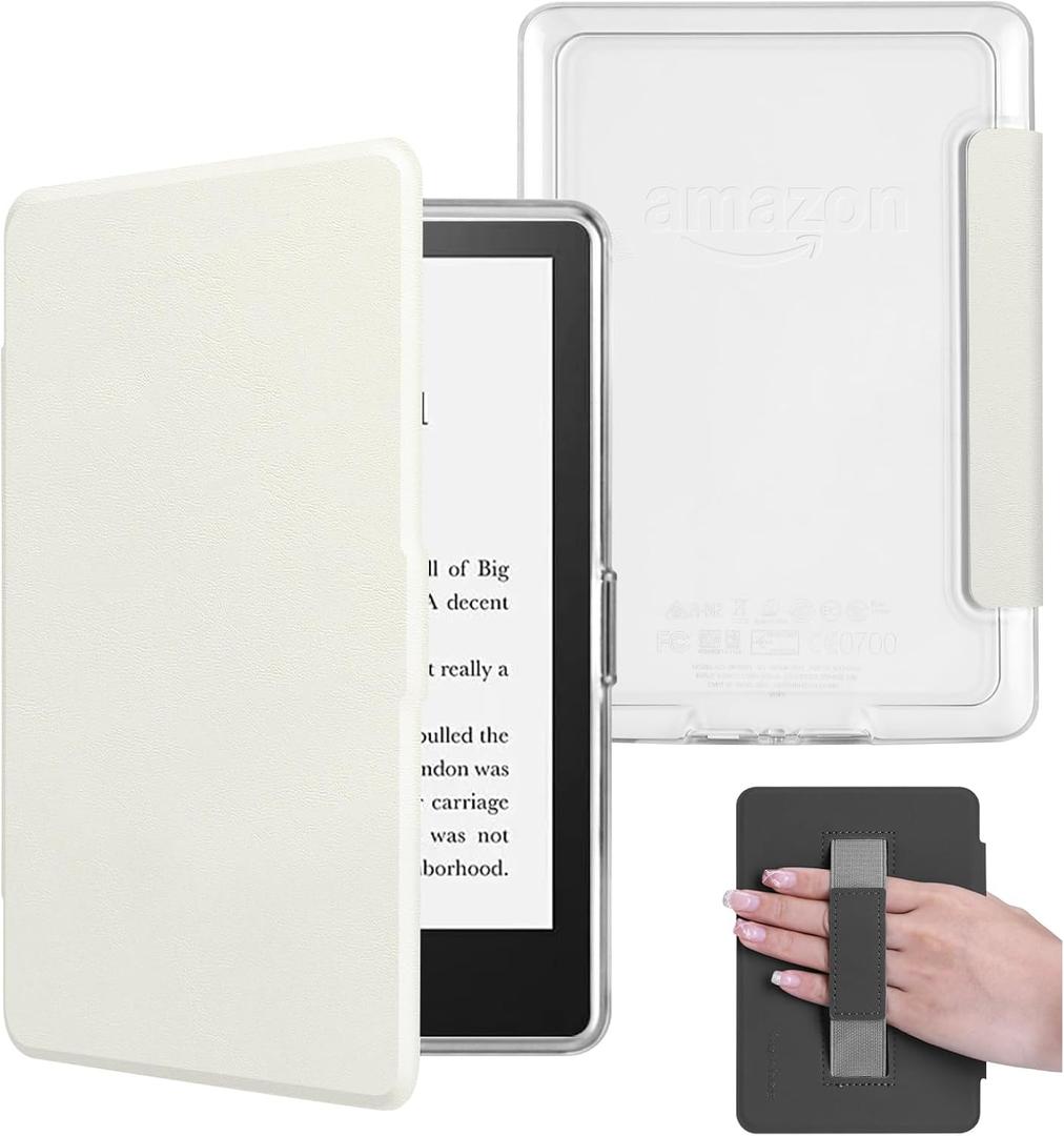 Case with Hand Strap for 6" Kindle Paperwhite 5th/6th/7th Generation 2012-2017 Released (Model No.DP75SDI & EY21), Light PU Leather Cover and Transparent Hard Back Shell, Creamy White