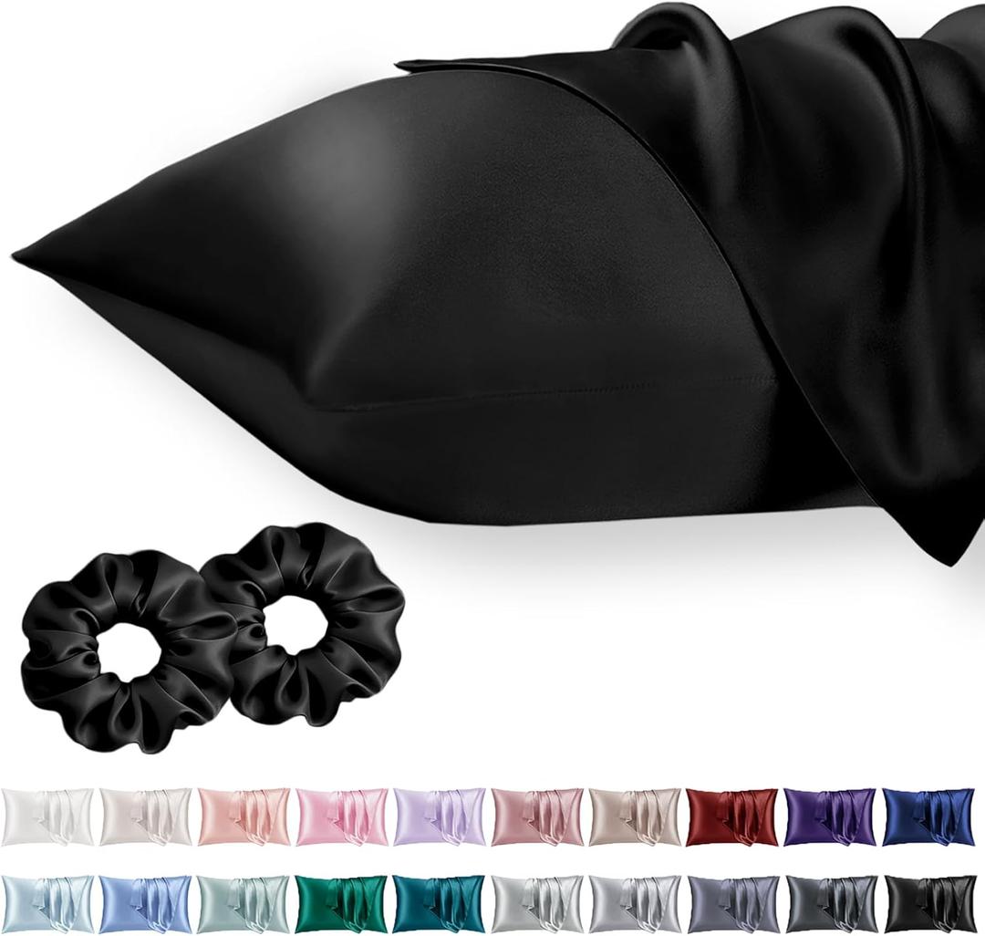 Standard Satin Pillowcase for Hair 2pc,Similar to Silk Pillow Cases,Easier Care Than Silk Pillowcase,Gifts for Women Men,Black,20x26 & Envelope Closure and 2 Satin Scrunchies