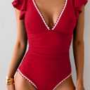 Aidonger Women's One Piece Ruffle Swimsuit Tummy Control Bathing Suit V Neck Shell Stitched Swim Suit Slimming Swimwear (Red, M)