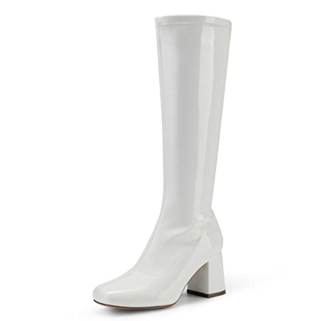 DREAM PAIRS Women's Gogo Boots Square Toe Chunky Wide Calf Knee High Boots For Women,Size 8.5,White/Patent/Pu,SDKB2231W