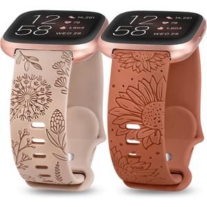 Minyee 2 Packs Floral Engraved Band Compatible with Fitbit Versa 2/Fitbit Versa/Versa Lite Bands Women, Cute Soft Silicone Sunflower Dandelion Sport Designer Fancy Summer Strap for Versa 2 Smart Watch