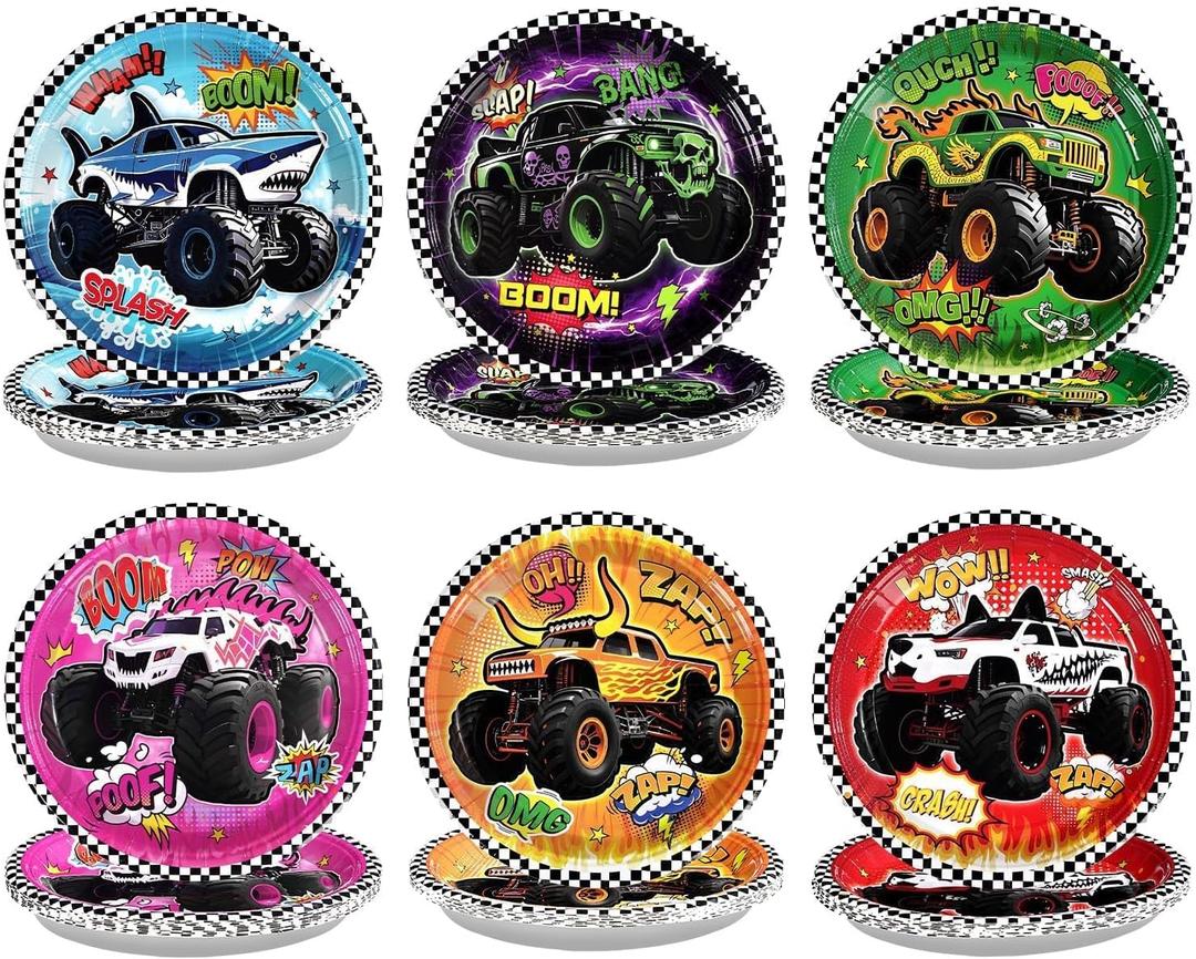 Grencian 60Pcs Monster Themed Truck Birthday Party Plates 9" Monster Themed Truck Disposable Heavy Duty Paper Plates Tableware Set for Kids Boys Birthday Party Serves 60