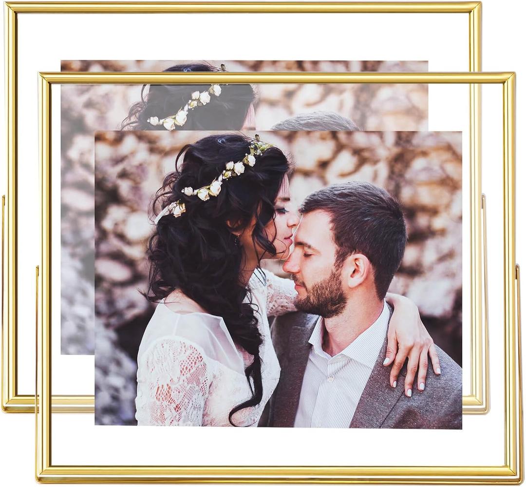 8x10 Floating Picture Frames Set of 2, Made of Metal and Double Real Glass, for Photo Size up to 10x12, Tabletop Display Home or Wedding Decoration (Horizontal Gold)