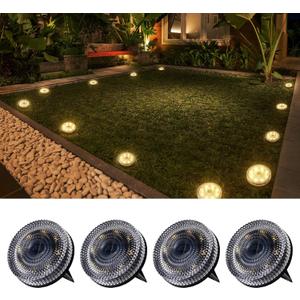 Glass Solar Ground Lights with Crystal Style, Modular-Design Waterproof In-Ground Light for Patio Pathway Lawn Yard Deck Walkway, Decorative Disk Lighting for Garden Bed, Warm White (4 Pack)