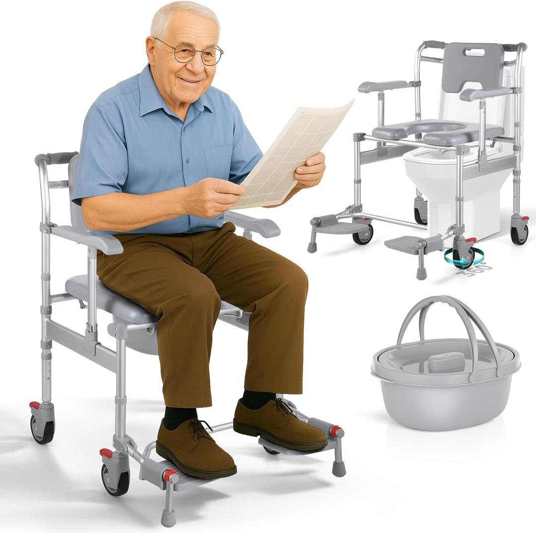 Rolling Shower Wheelchair, 4-in-1 Bedside Commode Chair with Padded Seat, Adjustable Height, Transport Wheelchair for Disabled, Elderly, Adults, & Postoperative Patients