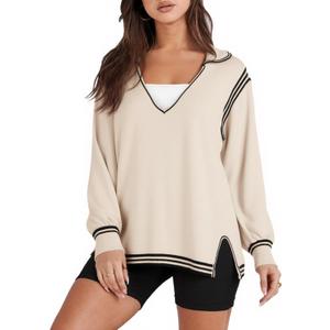Yousify Womens Long Sleeve Shirts Oversized Casual Lapel V Neck Contrast Split Tunic Tops Loose Knit Pullover Sweaters (Small, Apricot)