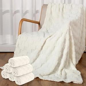 Buryeah 6 Pack Fleece Throw Blankets Bulk, 50 x 60 Inches Soft 3D Checkered Flannel Blankets Warm Sleepover for Couch Sofa Bed
 (White)