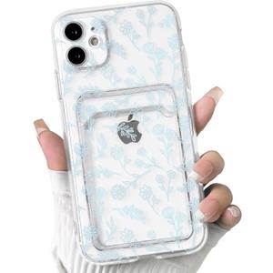 NITITOP Compatible with iPhone 12 Mini Case Clear with Card Holder Cute Flower Floral Leave Pattern for Women Girl Soft TPU Shock-Absorbing Wallet Case Protective Phone Cover - Light Blue