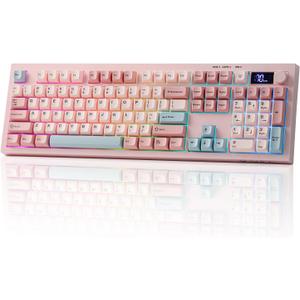 EPOMAKER Aula S102 PRO Membrane Gaming Keyboard with TFT Screen, Volume Knob & Number Pad, BT/2.4G/USB, RGB Backlit, Creamy Silicone Structure, Silent Keyboard for PC Game/Office (Pink)