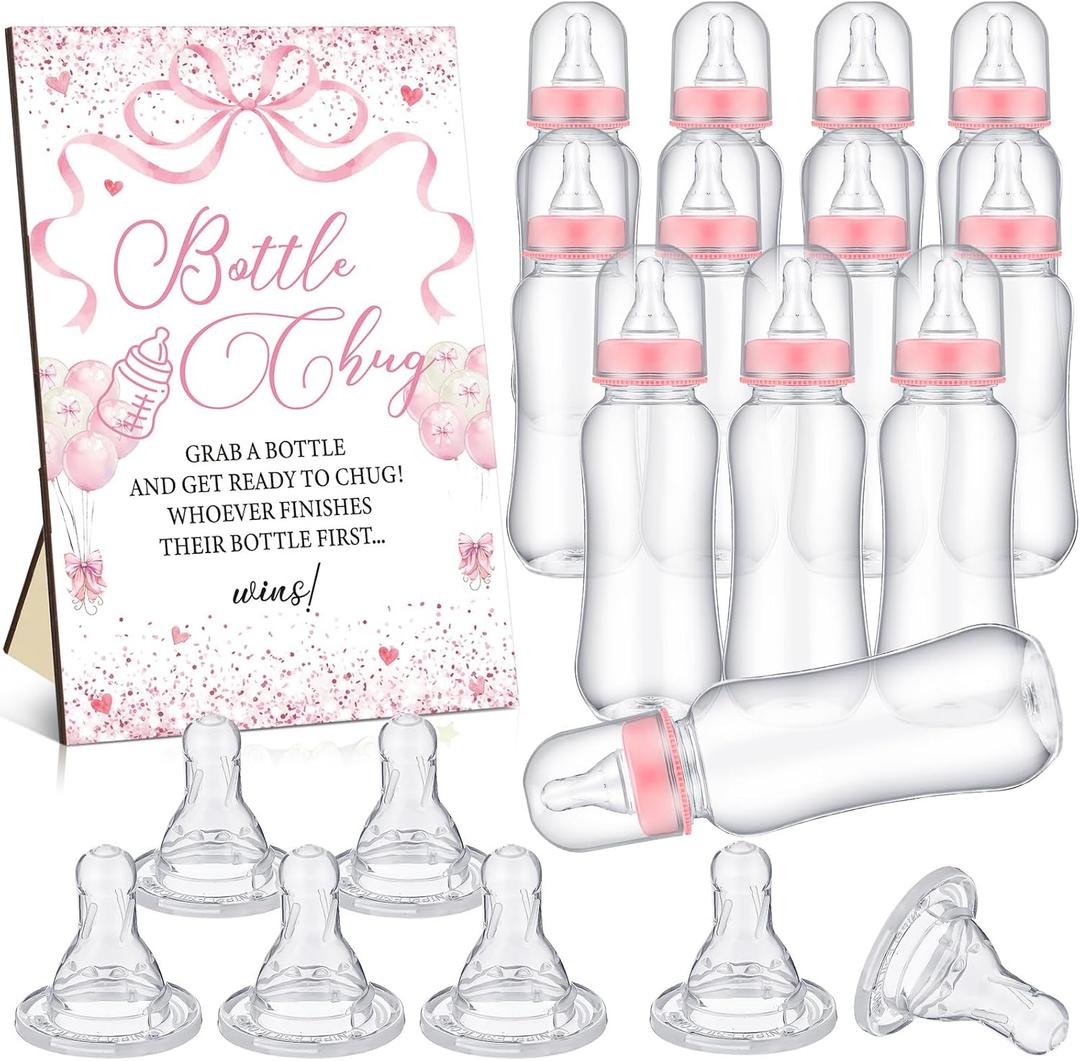 TrelaCo Cool Baby Shower Games Bottle Chug Sign and 12 Pcs Baby Bottle Shower Favor Baby Bottles for Baby Shower Games Gender Reveal (Pink Bow)