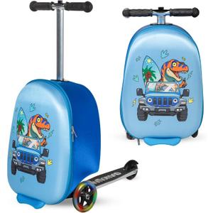 Dinosaur Ride-On Scooter Suitcase for Kids - Fun Travel Companion Luggage with Built-in Scooter, LED Wheels, and Carry-On Design for Boys Ages 5-12 - Foldable, Lightweight, Durable