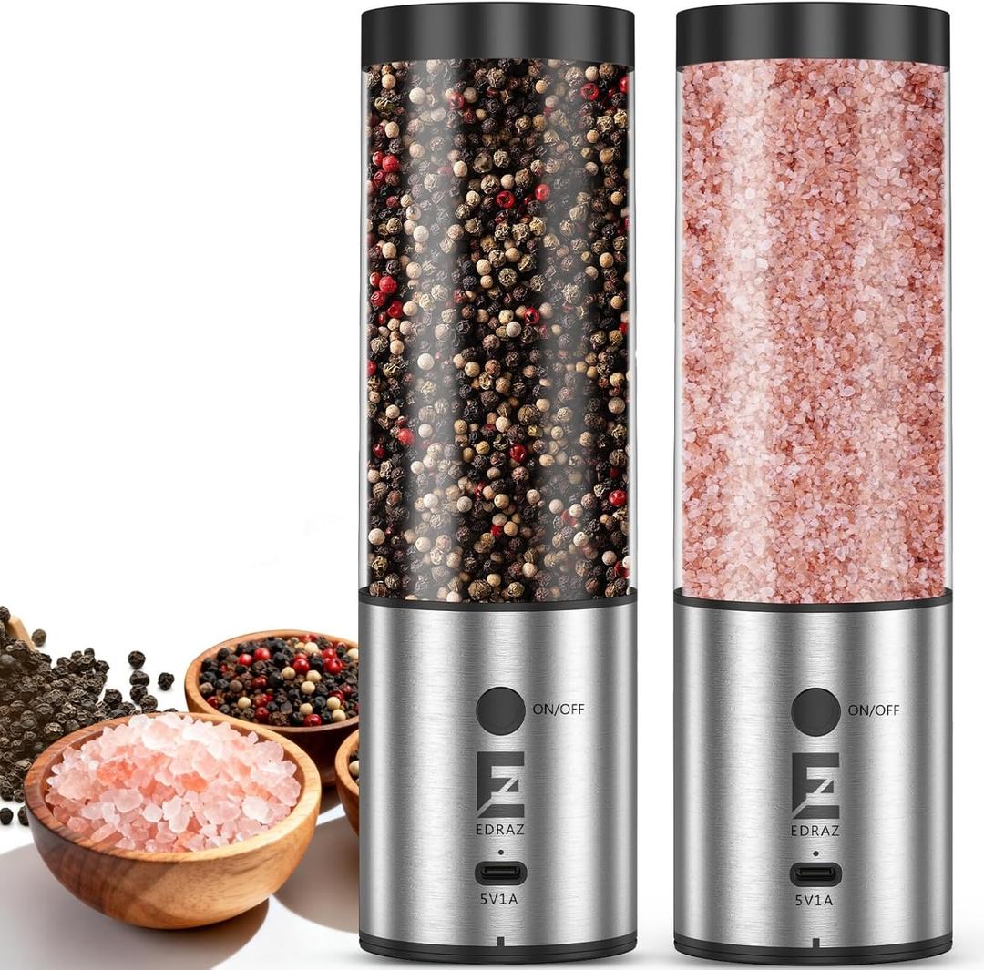 Electric Salt & Pepper Grinder Set One - Handed Automatic Pepper Mill with LED Light Adjustable Coarseness Large - Capacity Refillable Mill Durable Ceramic Core Battery Powered Seasoning Grinder (240ml - Double)