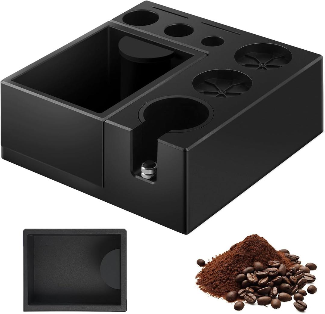 PUSEE Espresso Knock Box & Tamp Station, 9 in 1 Espresso Organizer, Fit 51,54,58MM Tamper, Distributor, Portafilter & Puck Screen Accessories, Detachable Knock Box (Black)