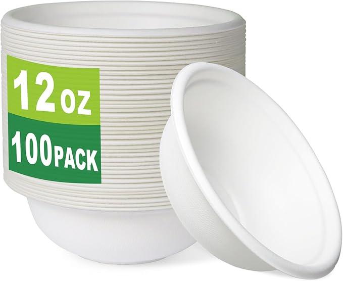GreenWorks 100 Count 12 OZ Compostable Bowls, Biodegradable Bagasse and Bamboo fiber Paper Bowls