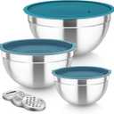 TeamFar Mixing Bowls, Stainless Steel Nesting Salad Bowls with Lids Set of 3 & 3 Grater Attachments, For Mixing/Serving/Storing, Non-toxic & Long-lasting, Size 4.6/3 / 1.5 QT, Navy Blue