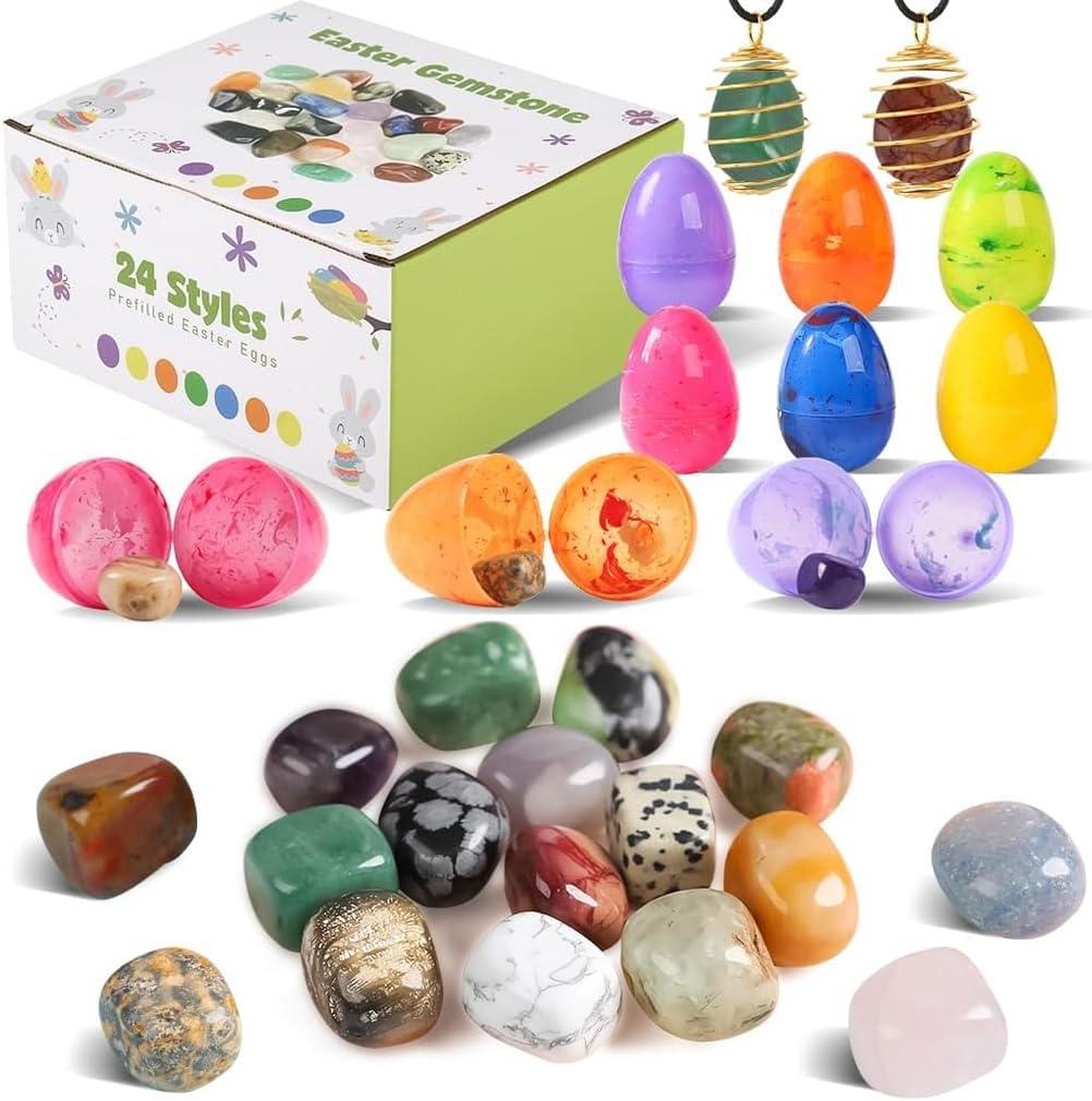 24 Pack Filled Easter Eggs Fillers Set, Prefilled Easter Eggs & Gemstones - Perfect for Kids & Teens Easter Egg Hunt, Classroom Prize Supplies, Party Favors