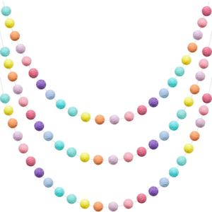 WILLBOND 3 Pieces Wool Felt Rainbow Ball Garland Colorful Pom Pom 6.5 ft Long 24 Ball Garland for Easter Mardi Gras Classroom Halloween Thanksgiving Xmas (Rainbow Colors), 6.56 feet