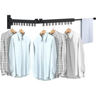 Bakala Clothes Drying Rack Foldable, Laundry Drying Rack Clothing Wall Mounted, Clothing Racks for Hanging Clothes, Heavy-duty Space Saving Hanger,Retractable,Expandable,Collapsible, 64" (Hooks,Black)