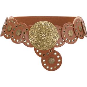 XZQTIVE Women's Boho Disc Belt Western Leather Belt Vintage Concho Belt Wide Cowgirl Belt for Dress Jeans with Metal Buckle, Brown(Bronze Disc), L: 41.3in/ 105cm