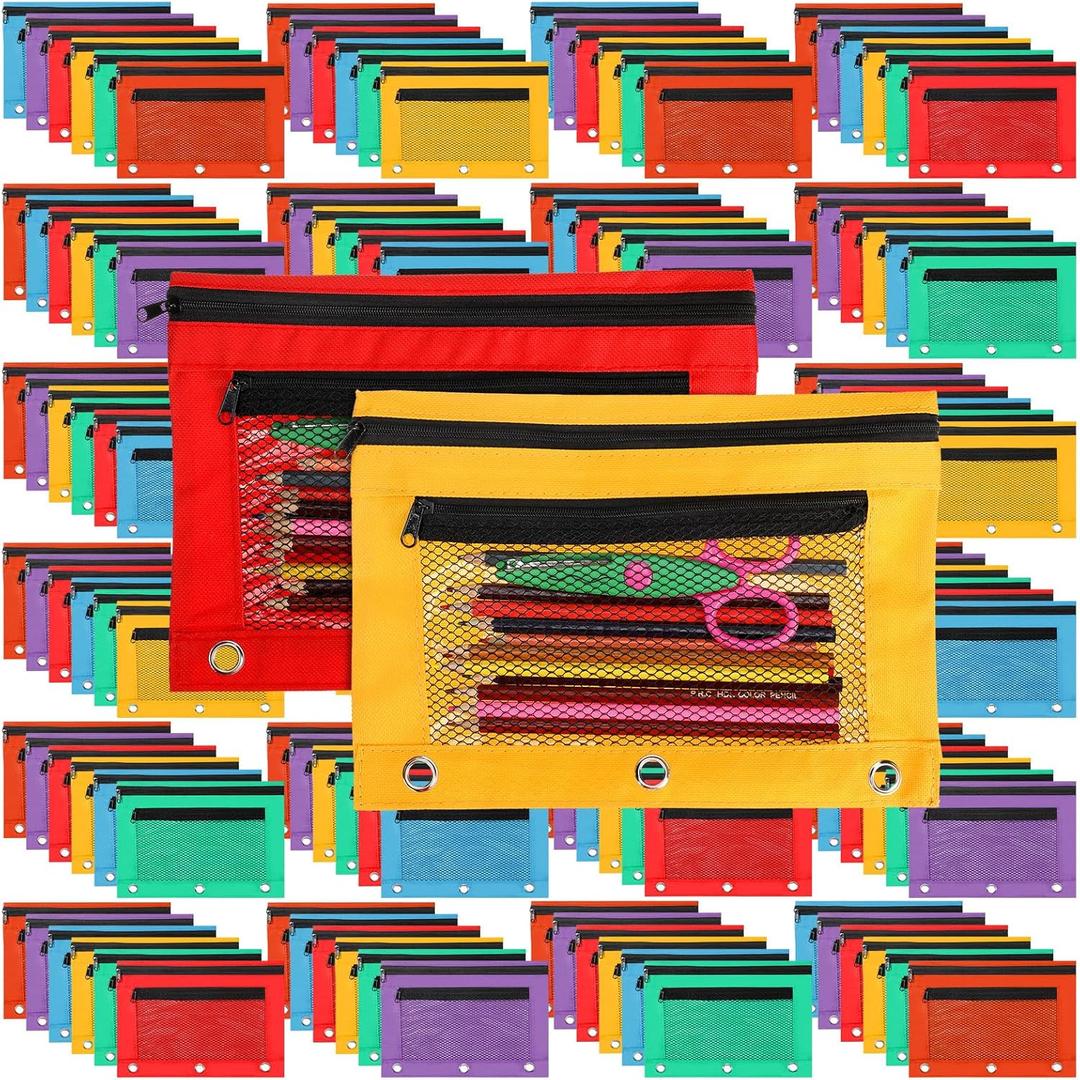 Zhehao 200 Pcs Pencil Pouches for 3 Ring Binder, Bulk Zipper Pencil Pouch Pen Case with Mesh Window Cloth Double Pocket 3 Hole Bag for Storing School Office Supplies (Multicolor)
