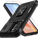 DEERLAMN Case for Samsung Galaxy A36 5G,Galaxy A56 Case with Slide Camera Cover+Screen Protector, Rotated Ring Kickstand Military Grade Shockproof Protective Cover-Black