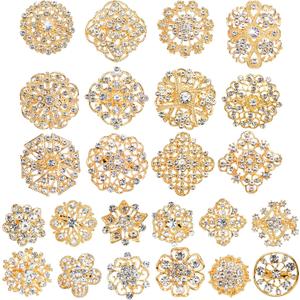 Hiceeden 24 Pieces Gold Crystal Brooches for Women, Rhinestone Brooches and Pins Flower Brooch for Crafts, Diamond Pins for Flower Wedding Bouquet Pins Set