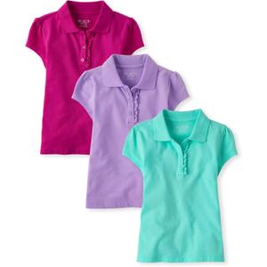 The Children's Place Girls' Short Sleeve Ruffle Pique Polo, 3 Pack (X-Large, Seafrost/Aurora Pink/Purple)