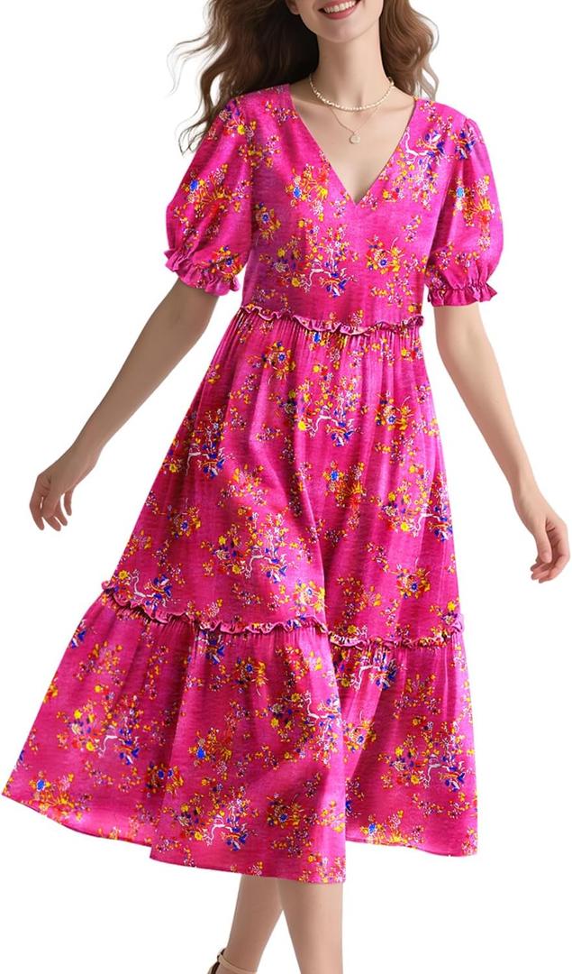 YESNO Summer Floral Midi Dresses for Women V Neck Puff Short Sleeve Frill Trim Dress with Pockets EVX