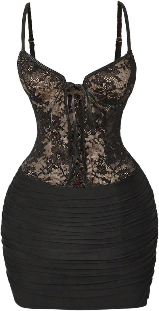 MakeMeChic Women's Fall Floral Lace Mini Dress Party Tie Front Sleeveless Bodycon Mesh Sheer Dresses (Medium, Black)