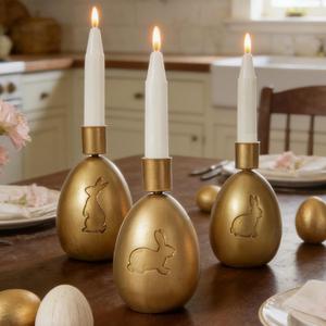 DN DECONATION Easter Candle Holders Set, 3PCS Gold Egg Candle Stick Holders Easter Decorations for Taper Candles Sticks, Resin & Metal Candlestick Holder Farmhouse Table Mantel Vintage Egg Decor