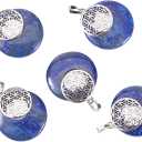 LiQunSweet 5 Pcs Natural Lapis Lazuli Crystal Stone Charms Pendants Flat Round with Flower of Life for Necklace Jewelry Making DIY Crafting Artwork